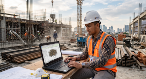 Seorang arsitek sedang mengoperasikan Revit Arsitektur di lingkungan proyek