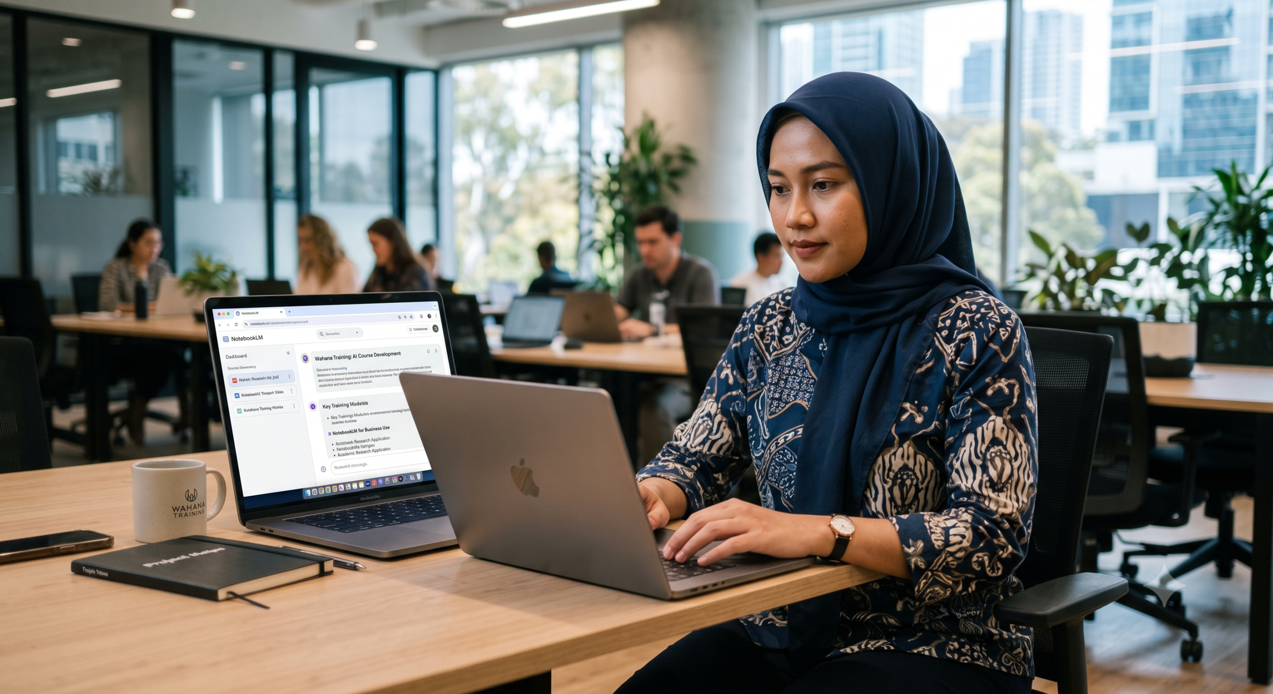 Seoarang wanita menggunakan NotebookLm untuk mengerjakan pekerjaan kantoran sehari hari