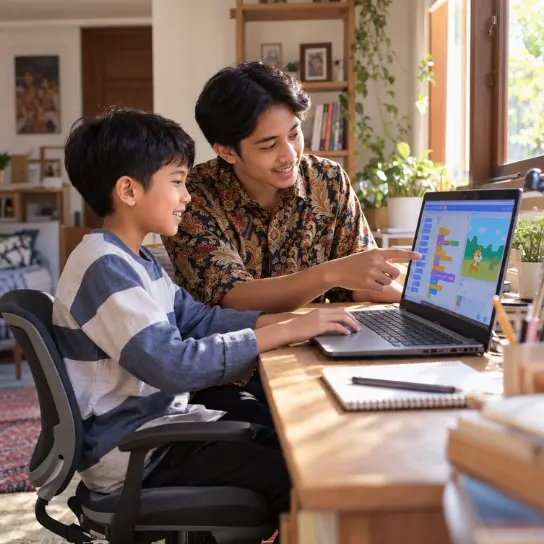Instruktur mengajar anak coding di rumah