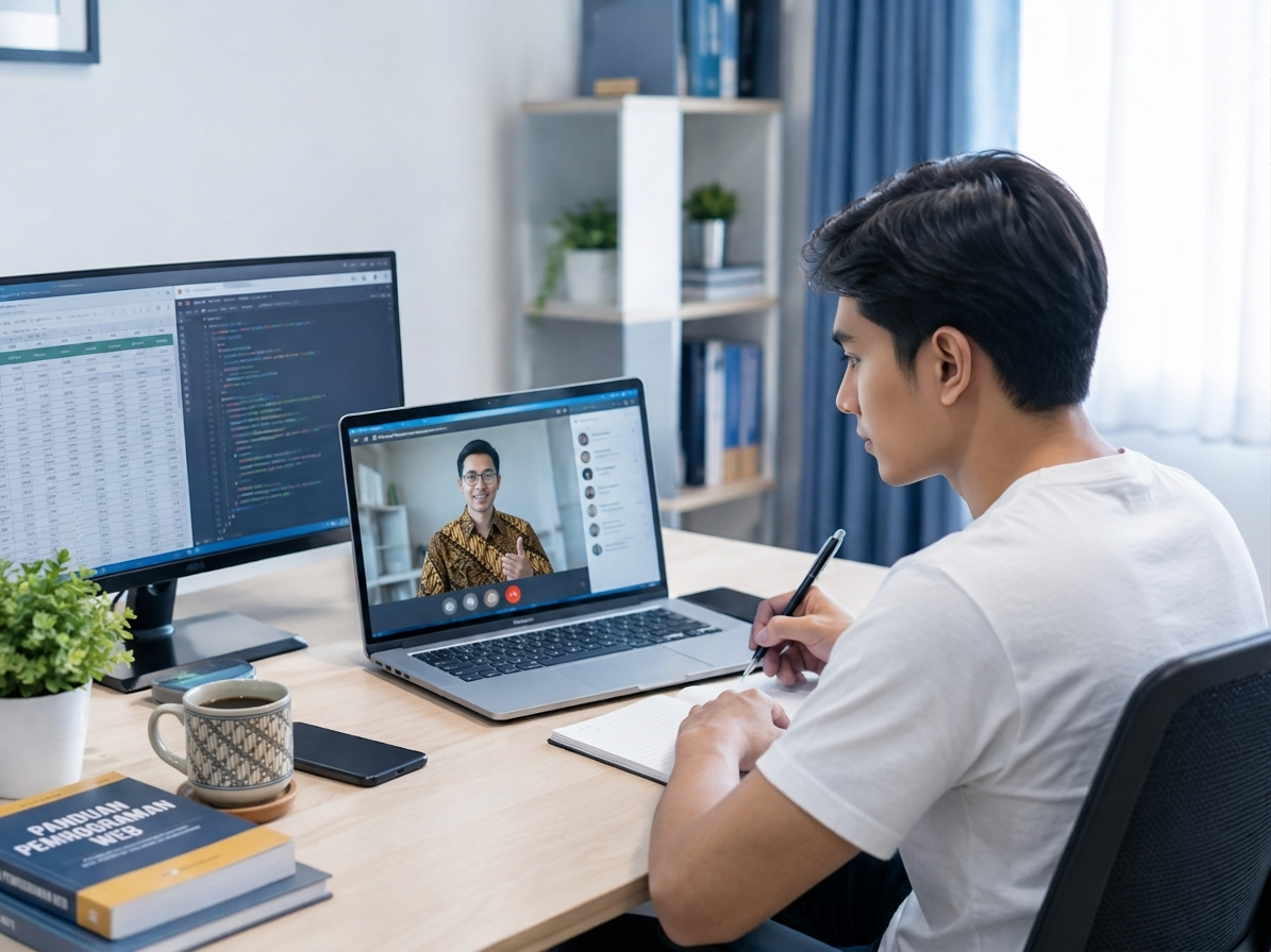 Peserta Indonesia mengikuti online training komputer bersama instruktur melalui laptop